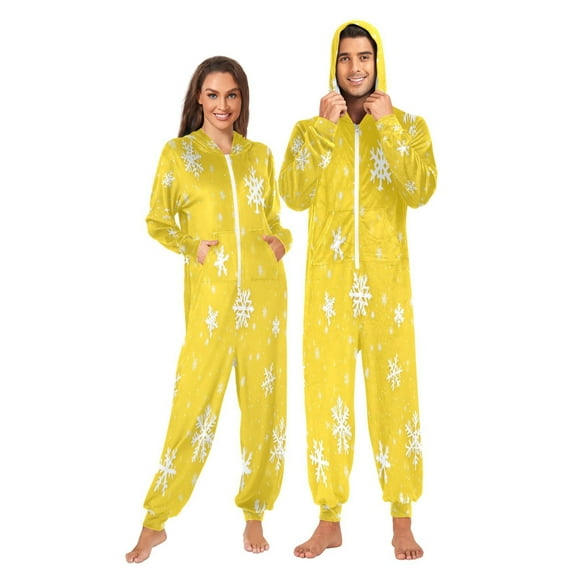 1 Piece Adult Onesie Pajamas Cozy & Loose-Fit Sleepsuit Loungewear with Pockets Yellow Background with White Snowflakes X-Small