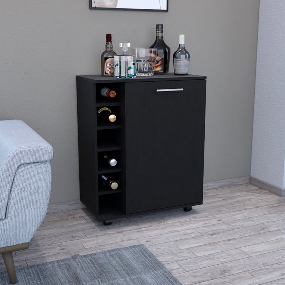 Black Coffee Cart, 6 Bottle , 4 Wheels, Spacious Storage For Kitchen & Living Room 32" H Cart With Cabinet And