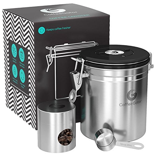 Récipient en Acier Inoxydable Coffee Gator - Boîte avec Valve co2, Pelle et Bocal de Voyage - Moyen, Argent
