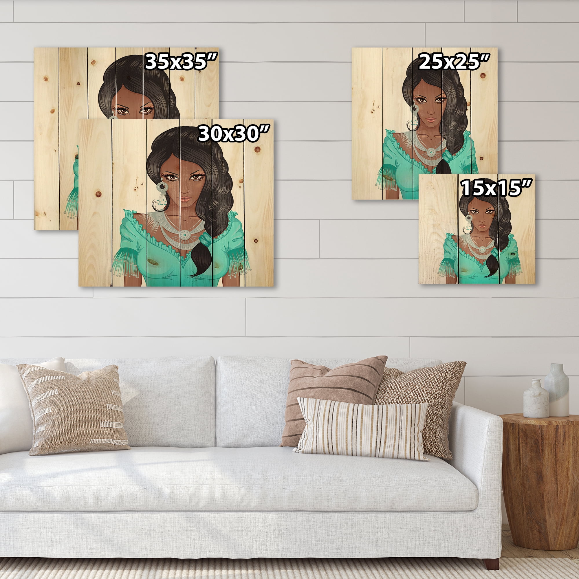 Designart 'Portrait Of Afro American Woman XVI' Modern Print on Natural Pine Wood