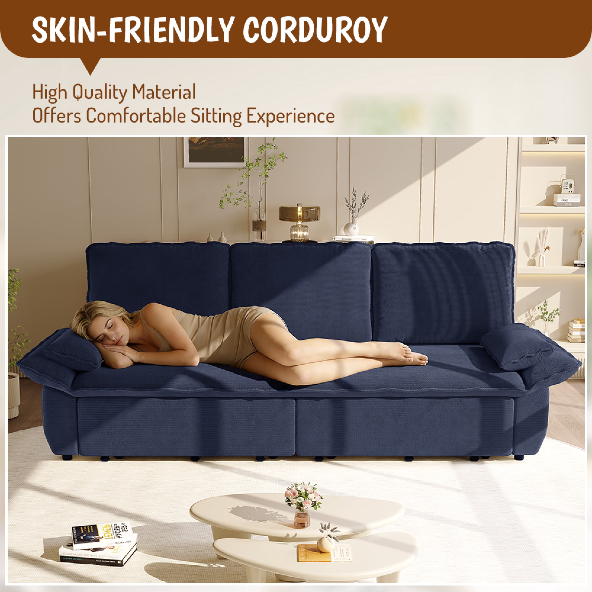 Leumius 94.5" Pull Out Sofa, King Size 3-in-1 Convertible Sleeper Sofa Bed, Multi-Functional Corduroy Bed for Living Room Bedroom Blue