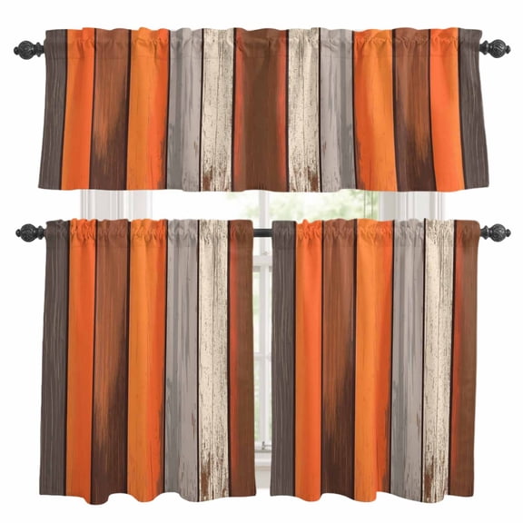Farmhouse Burnt Orange Brown Kitchen Curtains Sets for Windows 36 Inch Length, Vintage Wooden Rod Pocket Window Treatments Tier Curtains and Valances Set for Bedroom/Bathroom