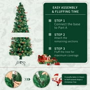 6.5FT Green Christmas Tree, Pre-Lit Artificial Xmas Tree with Colorful Candle Lights, Hinged Quick DIY Design, Pinecone and Berry Decoration
