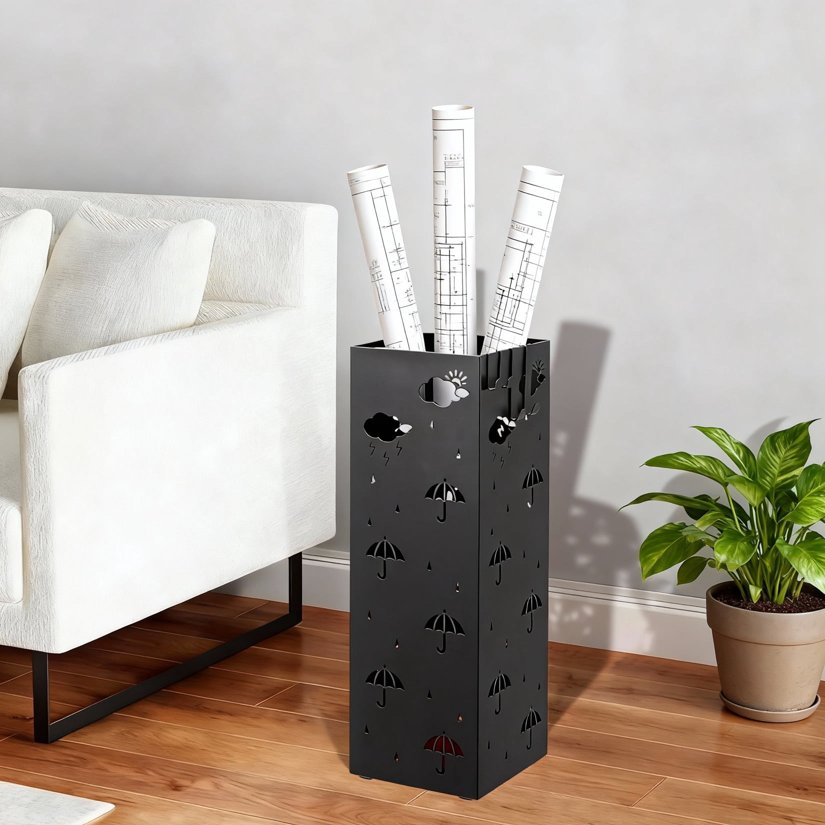Garvee Metal Umbrella Stand for Entryway, Square Umbrella Holder with Removable Drip Tray and 4 Hooks, Heavy Duty Steel Umbrella Rack for Office, Home and Gift Wrap Tubes
