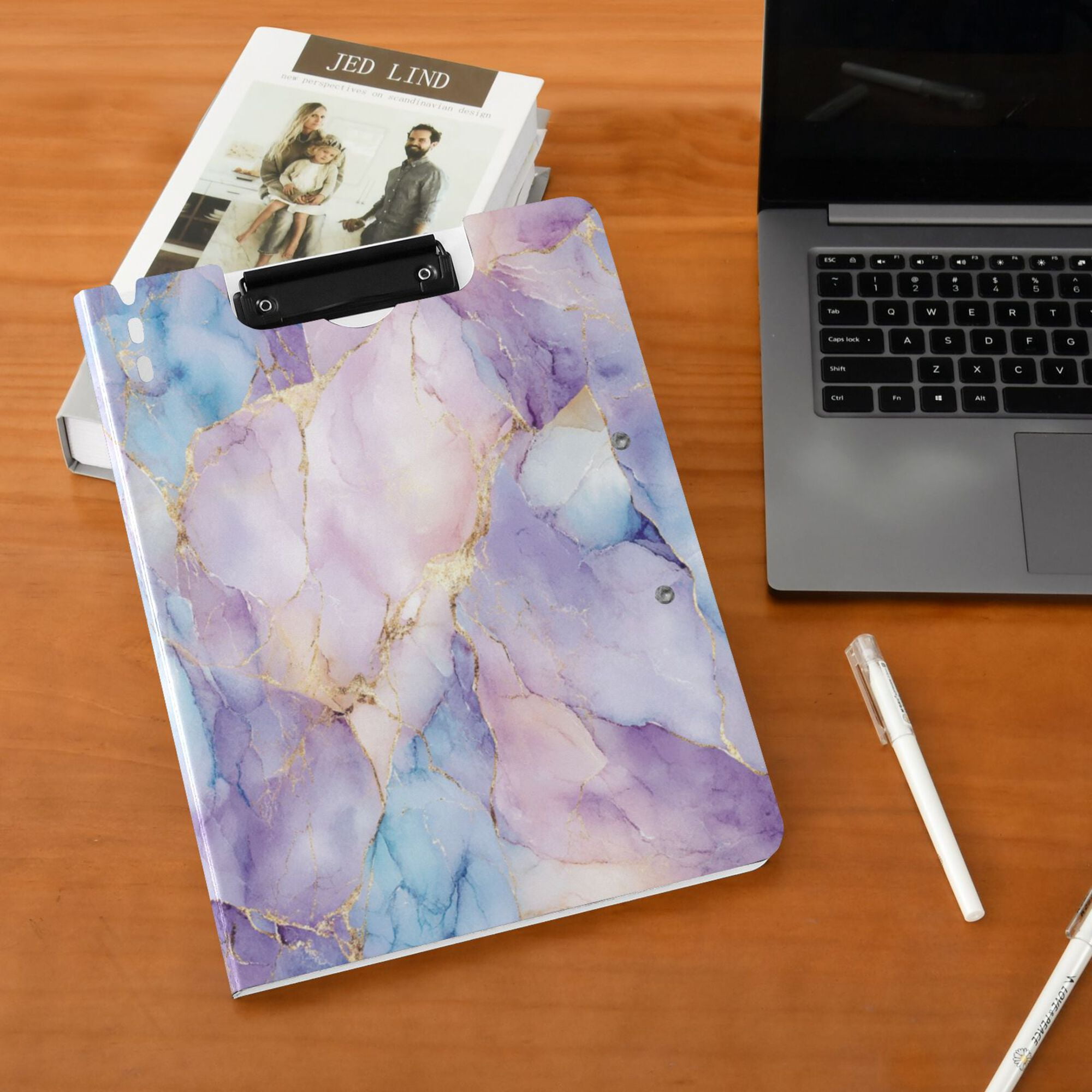 FORMRS A4 Clipboard Folder with Pen Holder Horizontal Foldable School Office Binder, Purple Marble Pattern