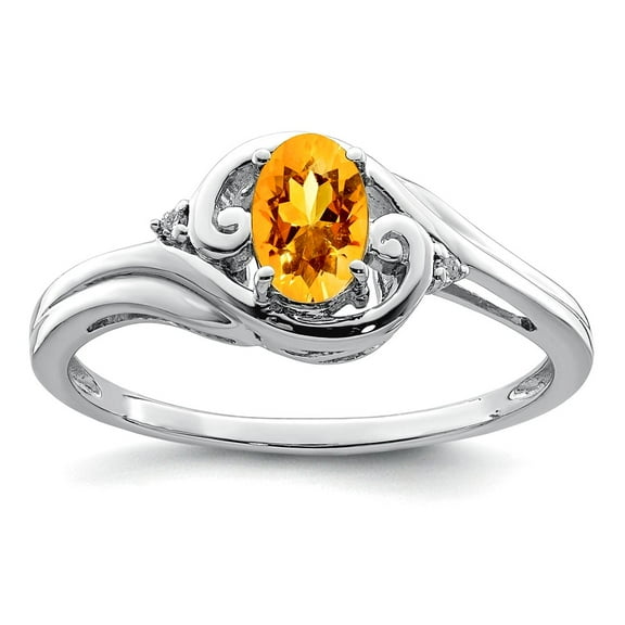 925 Sterling Silver Polished Rhodium Plated Diamond and Citrine Ring Size 7 2mm Wide Ring for Women
