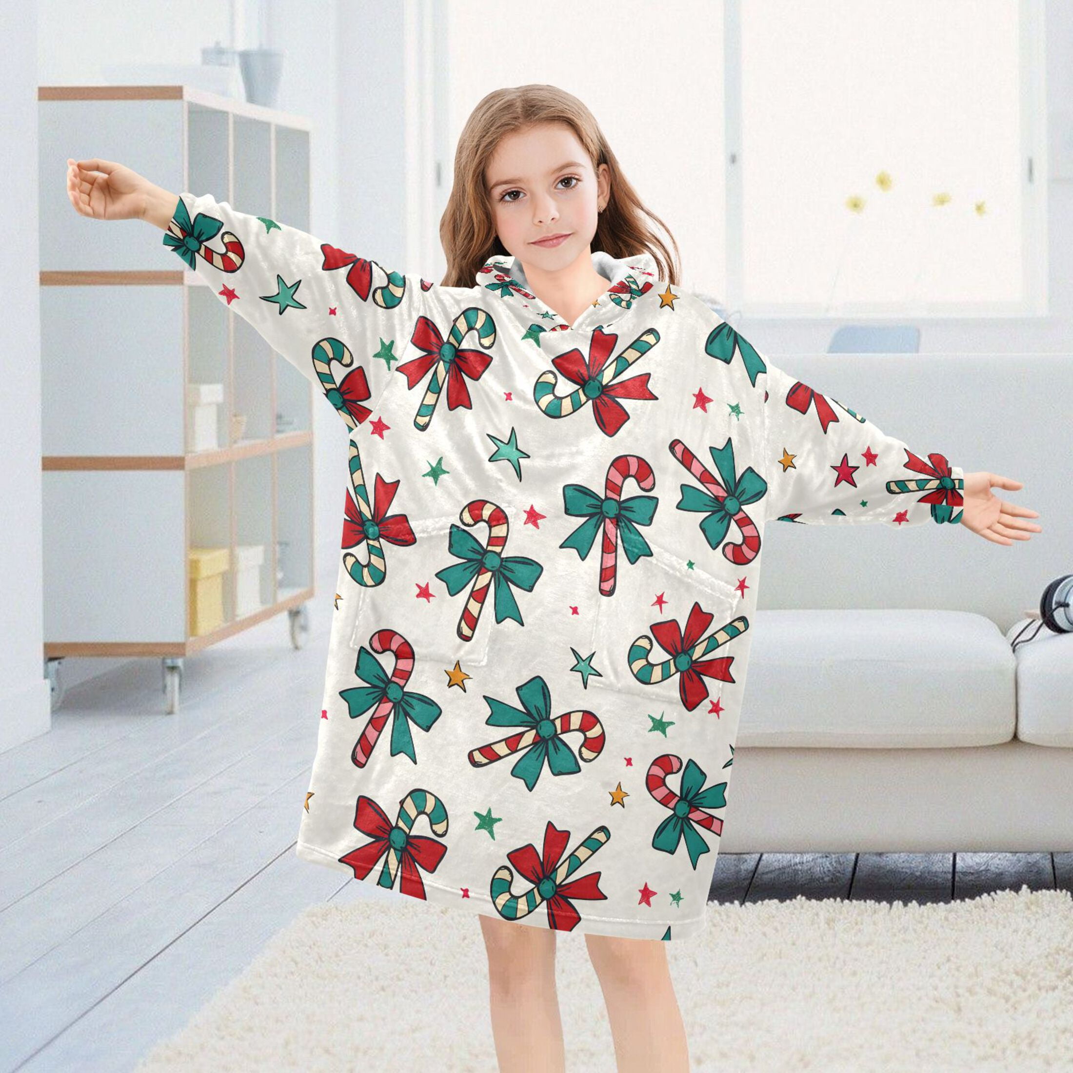 joogoo Blanket Hoodie for Christmas Candy Cane Bows Oversize Sweatshirt 3-14 YR L