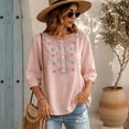 thumbnail image 2 of Women's Embroidered Blouses Summer Round Neck Embroidered Top 3/4 Sleeve Casual Boho Loose Lightweight Daily Shirts by Yigetop Pink 3XL, 2 of 7