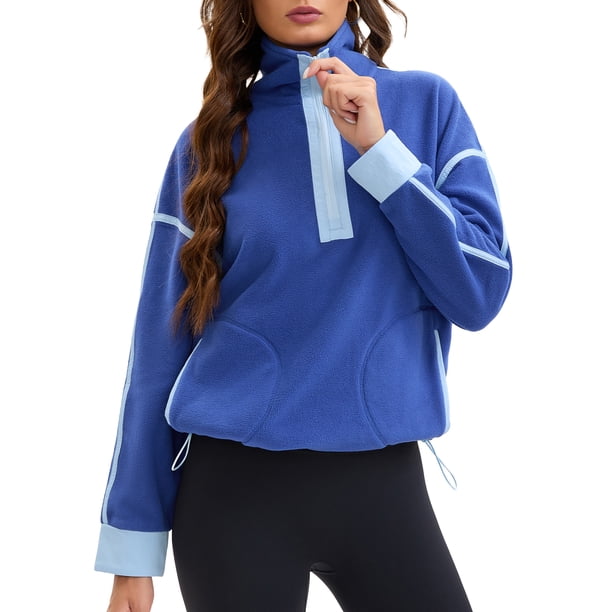 Sudadera recortada para mujer ATHLECHIC con media cremallera, forro polar, chaqueta oversized con bolsillos XL azul