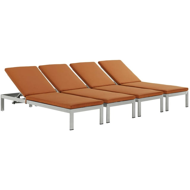 Modern Contemporary Urban Design Outdoor Patio Balcony Chaise Lounge Chair ( Set of 4), Orange, Aluminum