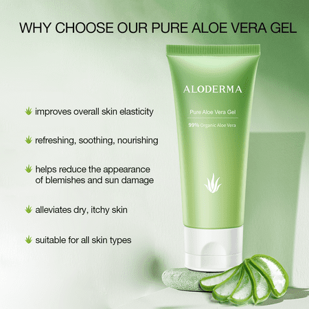 Aloderma Pure Aloe Vera Gel, 99% Organic Aloe Gel Made at the Source within 12 Hours of Harvest, Travel Size Aloe Vera Gel for Face, Scalp, Hair - Cold Pressed Aloe for Skin and Sunburn Relief - 1.5oz