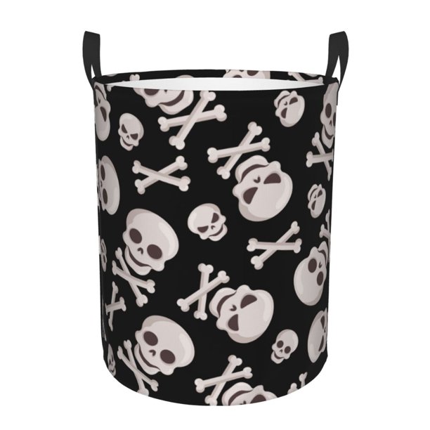 Fotbe black white Skull bone Cesto de Ropa con Asas, Cesto Impermeable de Gran Capacidad, Bolsa de Lavado para Dormitorio, Cesto de Ropa con Ruedas y Asas-Small