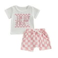 thumbnail image 2 of Bagilaanoe 2pcs Newborn Baby Girl Shorts Set Short Sleeve Letter Print T Shirt Tops + Checkerboard Shorts 3M 6M 9M 12M 18M 24M Infant Casual Summer Clothes, 2 of 9