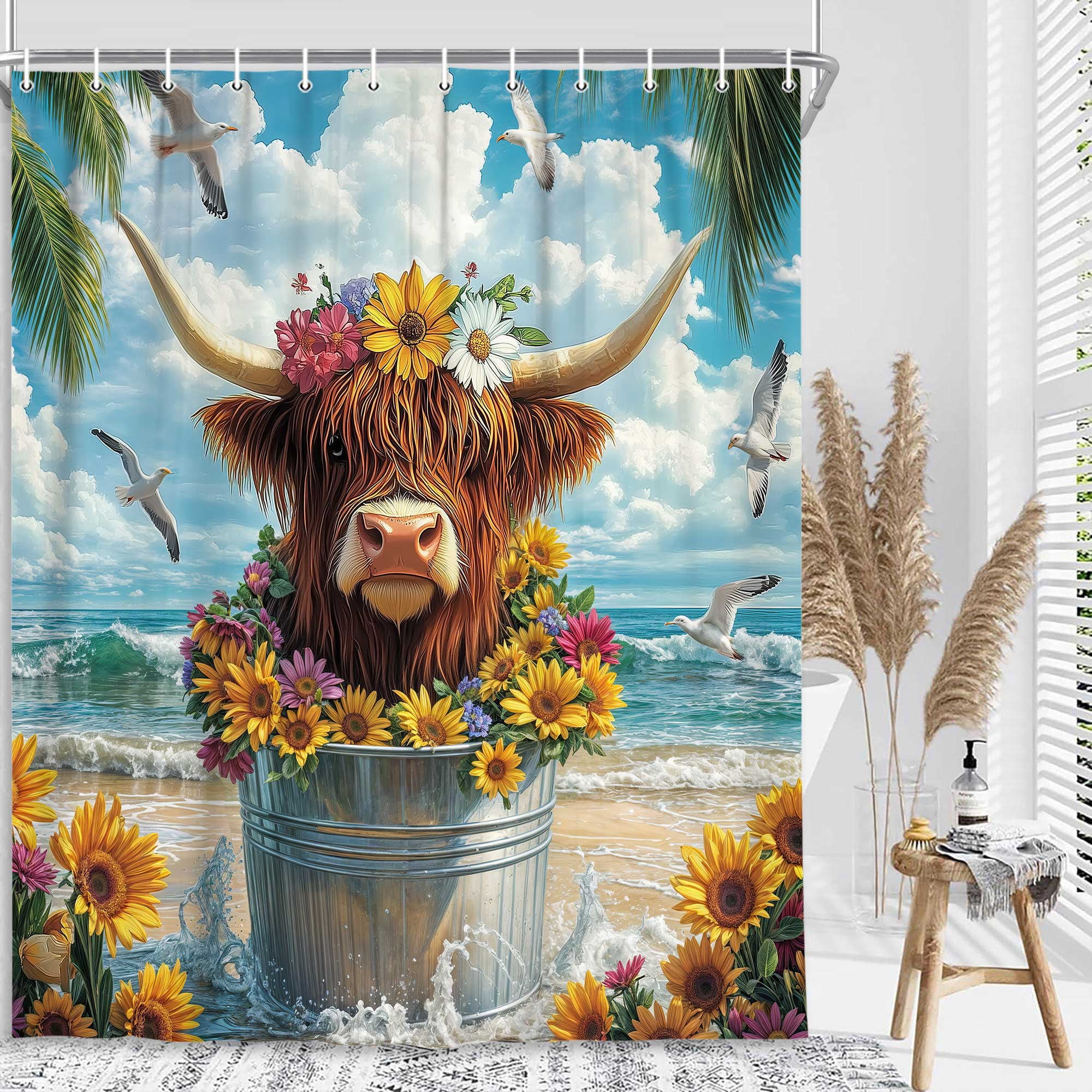 Beach Cow Shower Curtain, Farmhouse Western Rustic Floral Funny Highland Cow Bathroom Shower Curtain Set, Summer Ocean Cute Farm Animal Sunflower Bathroom Accessories Decor, Hooks Included,72x72In