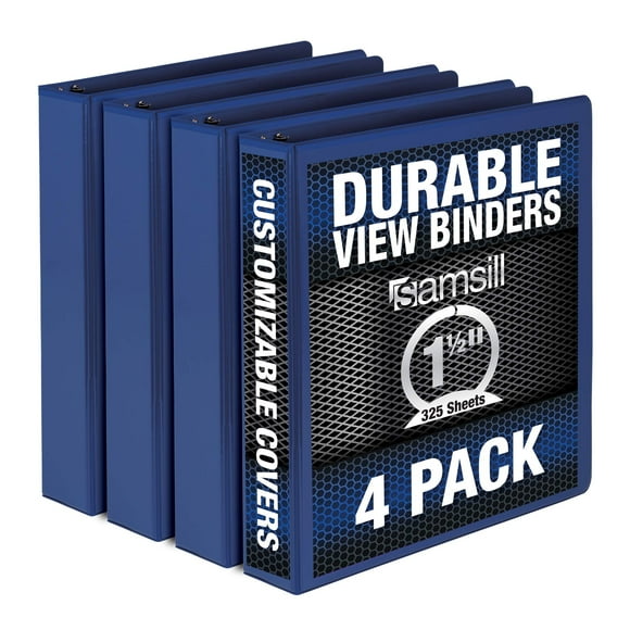 Samsill Classeur Durable 1,5 Pouces, Fabriqué aux États-Unis, Anneau Rond Personnalisable Classeur Vue Claire, Bleu, Lot de 4 (MP48452)