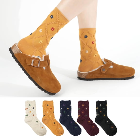 5 Pairs Cotton Crew Socks for Women, Cute Flower Graphic Polka Dot Striped Heart Patterned, Ladies Girls Casual Socks Size 6-8