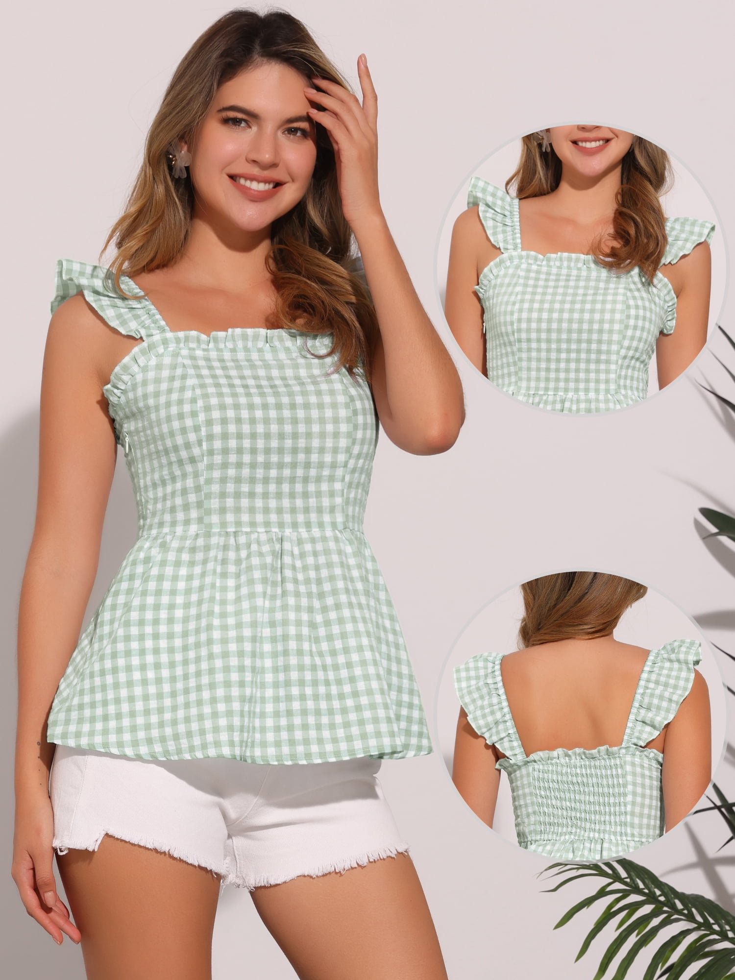DARING DIVA Women's Gingham Peplum Square Neck Sleeveless Plaid Blouse M Light Green