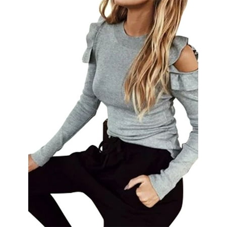- Women Ruffle Long Sleeve Cold Shoulder Knitted Shirt Blouse