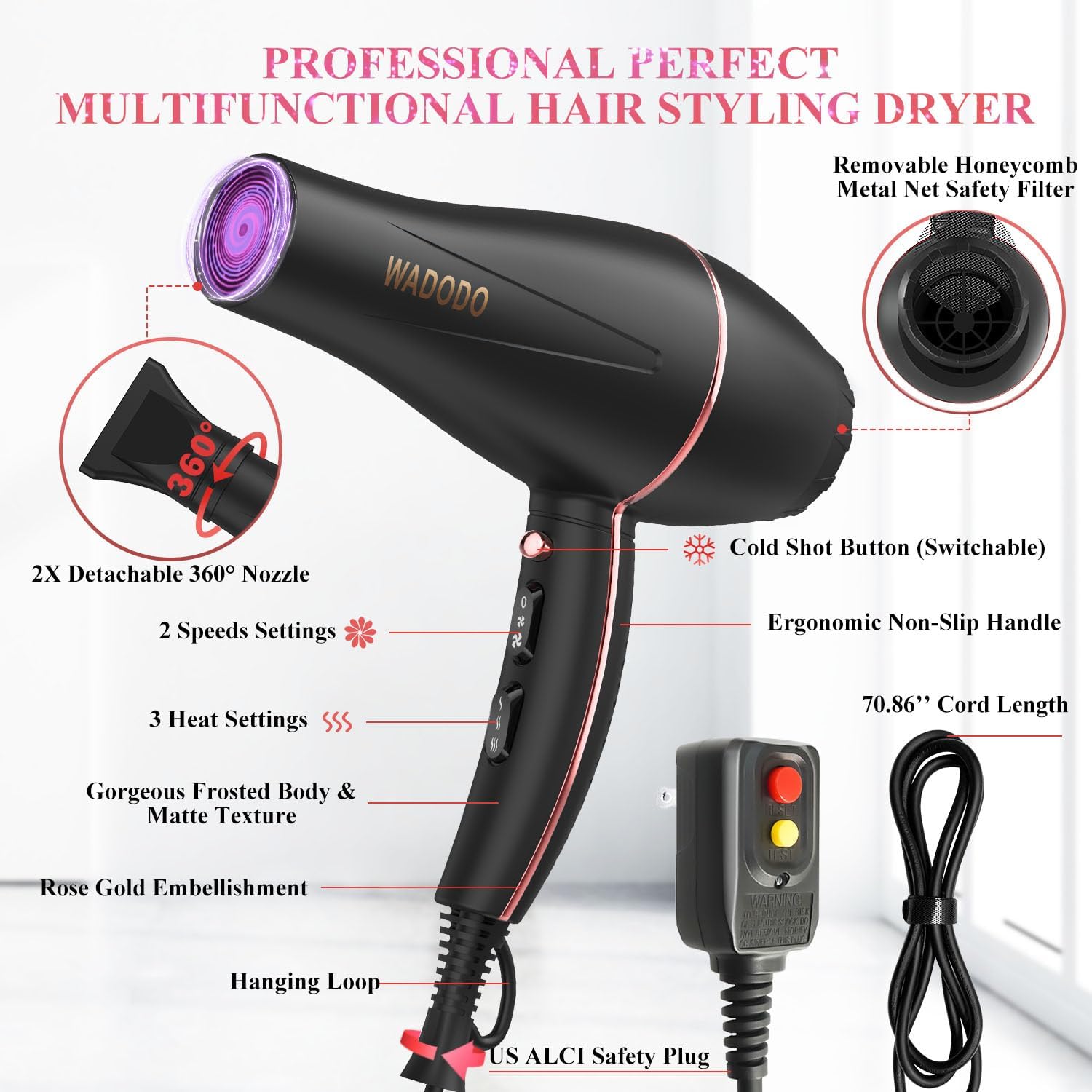 WADODO Ionic Hair Dryer, 2200W Professional Blow Dryer Fast Drying