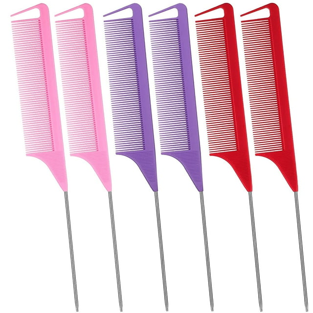 6 Packs Pink Rat Tail Comb Fiber Teasing Combs Rat Tail Lifting Combs