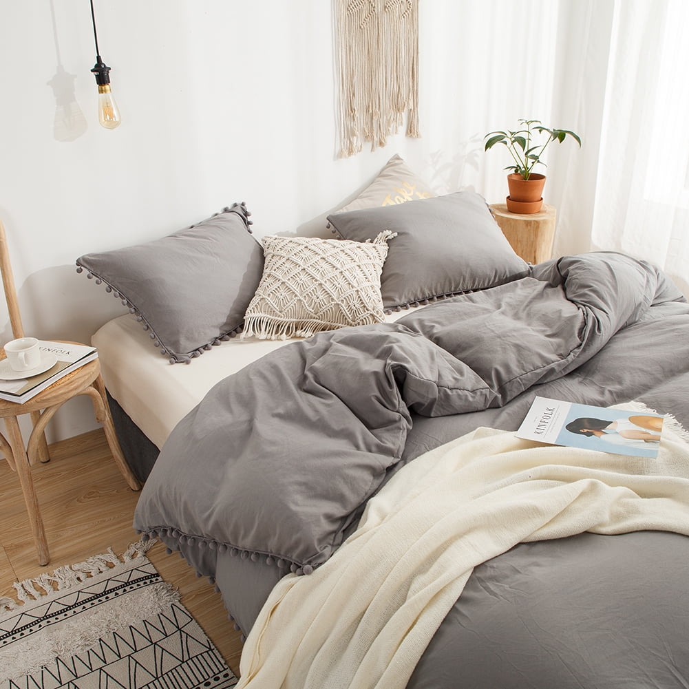 Move Over Light Grey Pom Poms Pillowcases Queen, Grey Pillowcases Set of 2, 100% Washed Microfiber