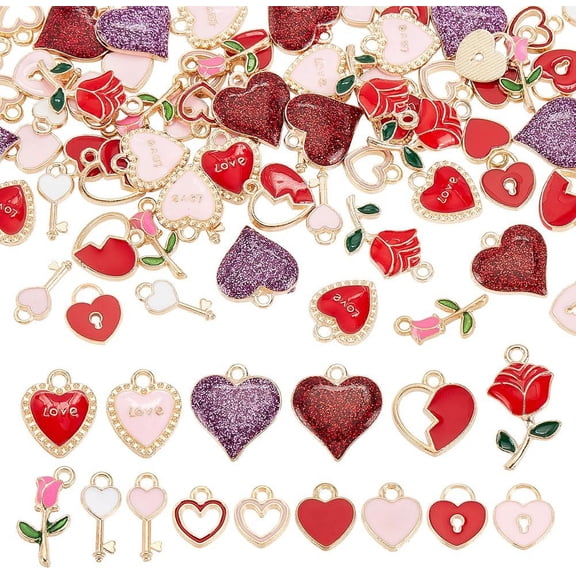 90pcs Enamel Heart Pendants 15 Styles Rose Flower Charms Keys and Locks Pendants Sweet Heart Charms Jewelry Making Pendants