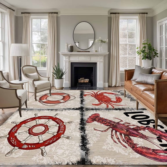 Vintage Coastal Area Rugs 8'x10', Washable Small Throw Rugs for Living Room Patio, Nautical Crab Lobster Anchor Retro Art Indoor Outdoor Rug Non-Slip Low Pile Carpet Runner Reversible Floor Mats