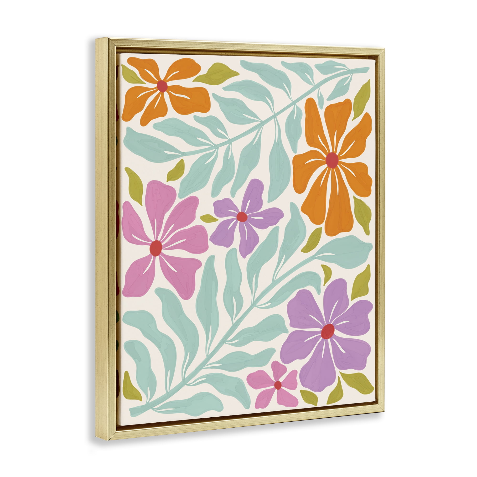 Stupell Industries Floral Energy Pattern Plants & Flowers Painting Gold Floater Framed Canvas Art Print Wall Art, 25 x 31