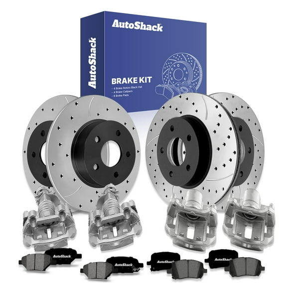 AutoShack Front Vented & Rear Solid Drilled & Slotted E-Coated Brake Rotors   Ceramic Pads   Calipers 16-PC Brake Kit Replacement for 2004-2008 Chevrolet Malibu 2006-2007 Pontiac G6 ShadowGuard