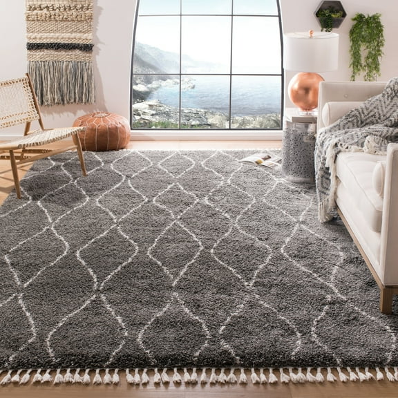 SAFAVIEH Moroccan Fringe Nina Geometric Plush Area Rug, Grey/Ivory, 5'3" x 7'6"