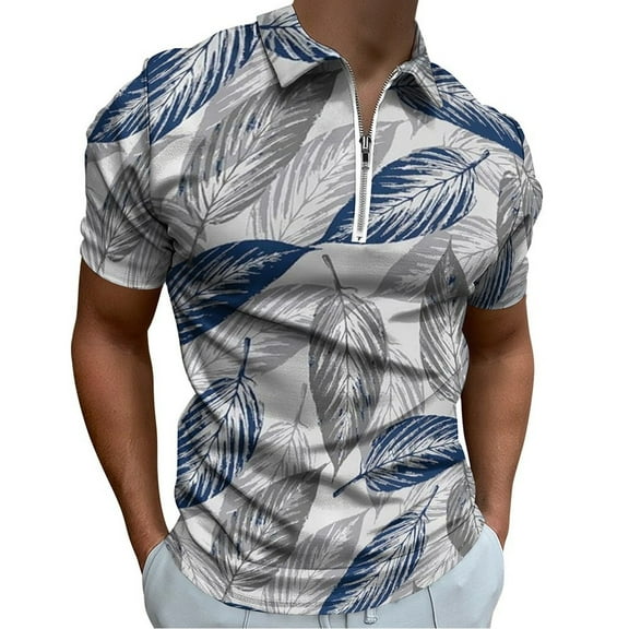 Navy Blue Grey Leaf Men Zipper T-shirt Summer Casual Short Sleeve T-shirt Top