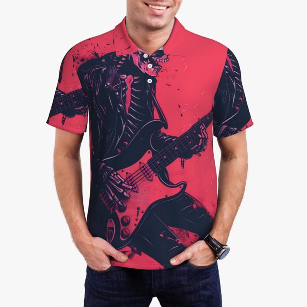 Fotbe Rock Skull Guitarist Camiseta Polo de Golf para Hombre con Estampado – Camisa Deportiva Transpirable con Cuello Abotonado-Medium