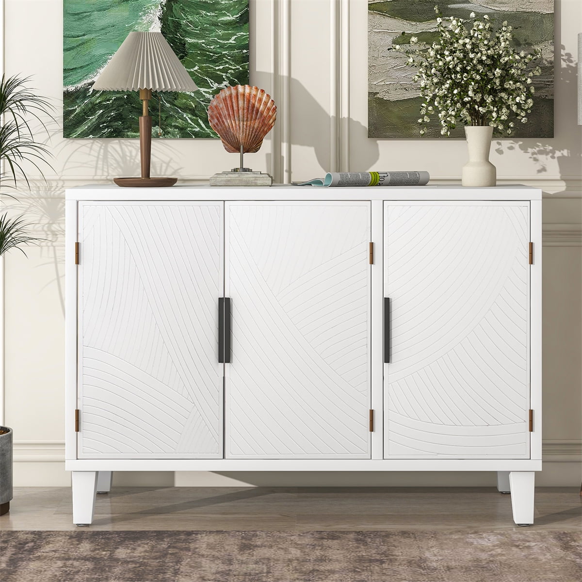 Accent Sideboard with 3 Antique Pattern Doors,Wooden Console