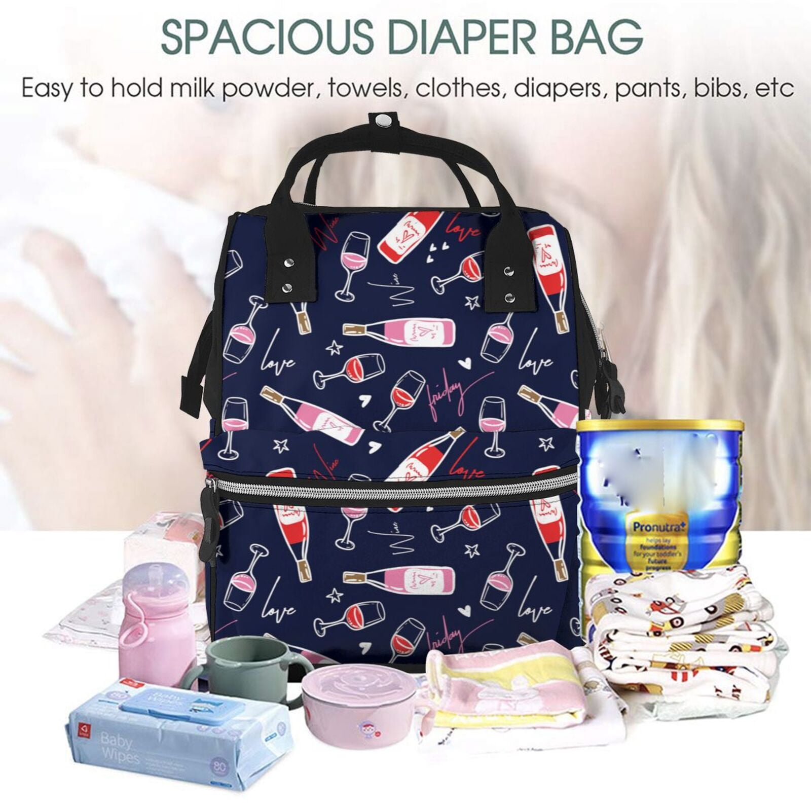 Ratiio Love Wine Mummy Backpack - Waterproof Twill Canvas, Large Capacity Diaper Bag with Multiple Pockets and Adjustable Straps