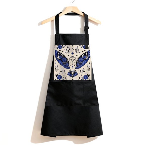 RKSupls Waterproof Bib Apron with 3 Pockets, Mystical Owl Roses Adjustable Neck Strap Soft Polyester Water Resistant Apron for Kitchen Restaurant Home Use