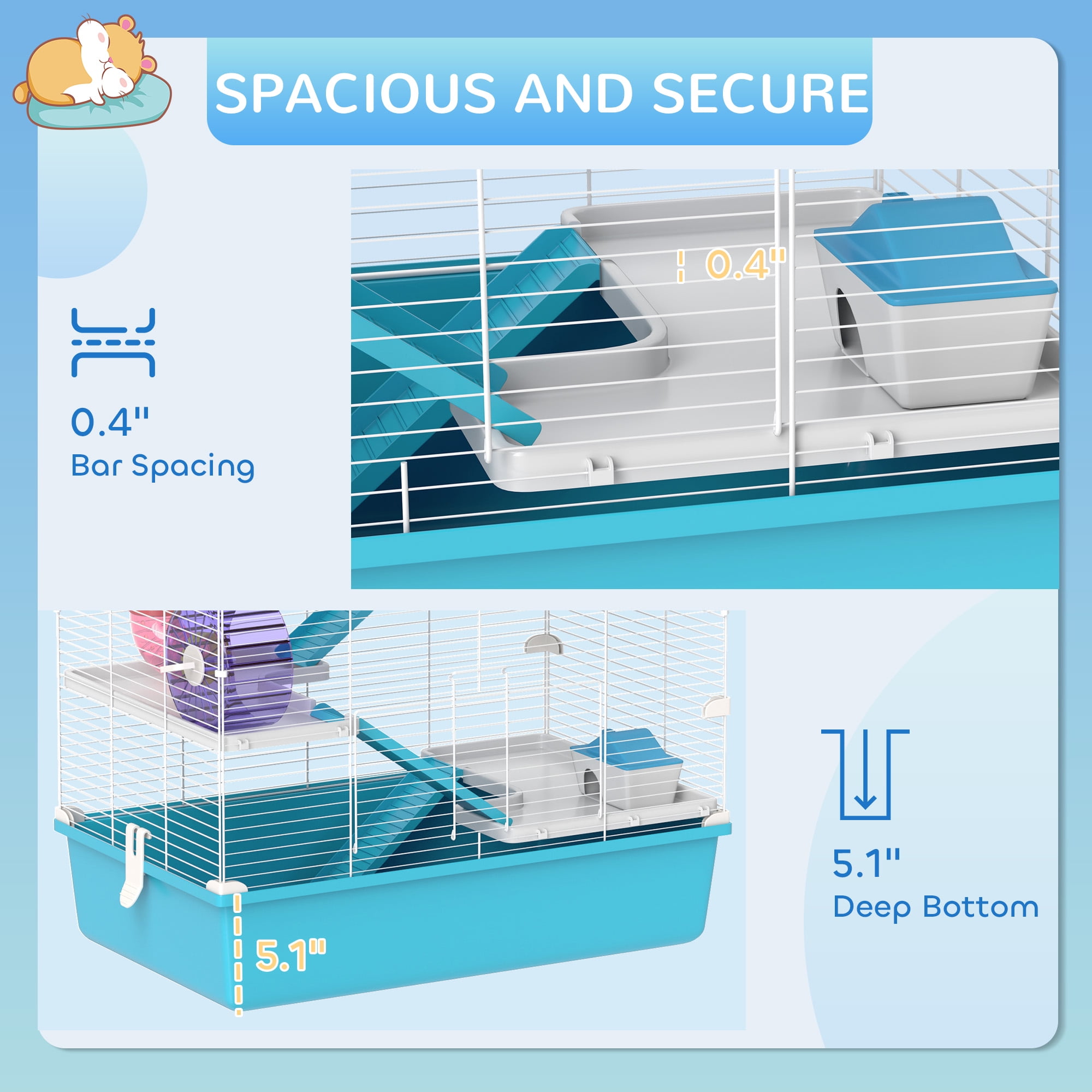 PawHut 32" Hamster Cage, 6 Tier Small Animal Cage with Tubes and Tunnels, Hut, Wheel, Food Dish, Water Bottle, Ramps, for Dwarf & Gerbil, Light Blue