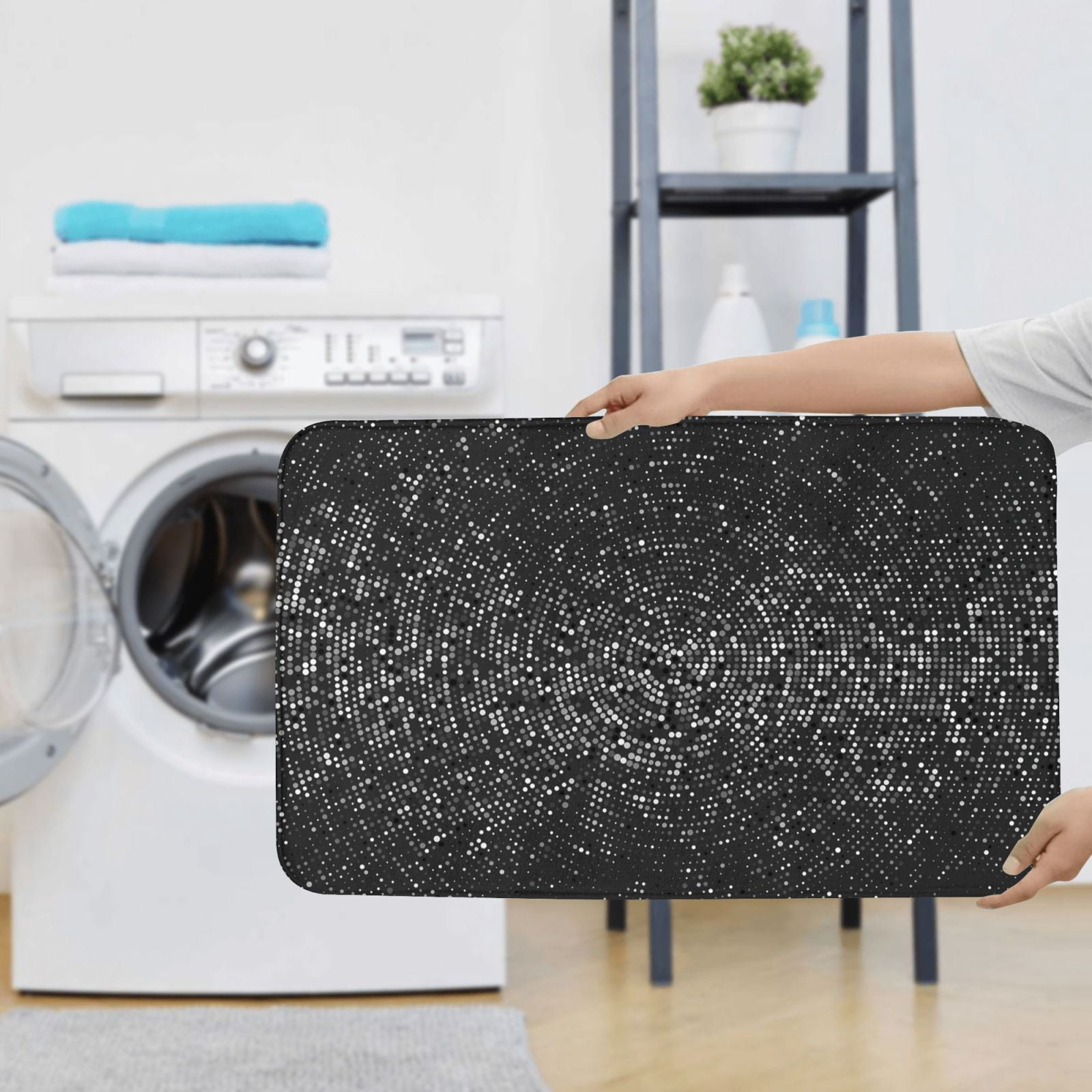 Bathroom Rugs Sets 3 Piece - Black And White Dotted Absorbent Non Slip Bath Mats, U-Shape Toilet Lid Cover, Contour Mat, Soft Washable Shower Mats Bath Rug Mat for Bathroom Tub Toilet