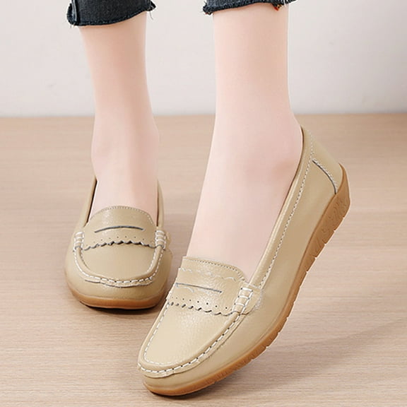 Quaouag Women's Classic Comfort Leather Penny Loafers Casual Slip-Ons Lightweight Walking Flats Driving Mocs Boat Shoes