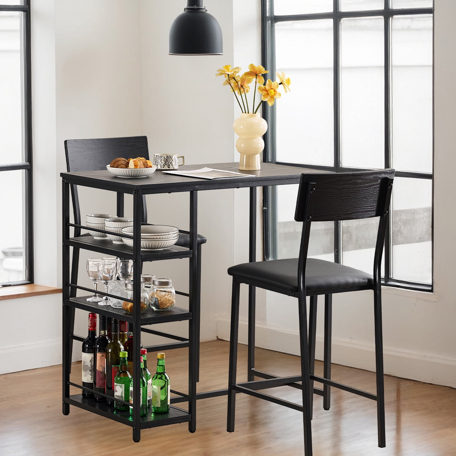 Ktaxon 3 Pieces Dining Table Set for 2, Counter Height Bar Table Set with Storage Shelves, Pub Table and Padded Chairs for Dining Room, Kitchen, Modern Black