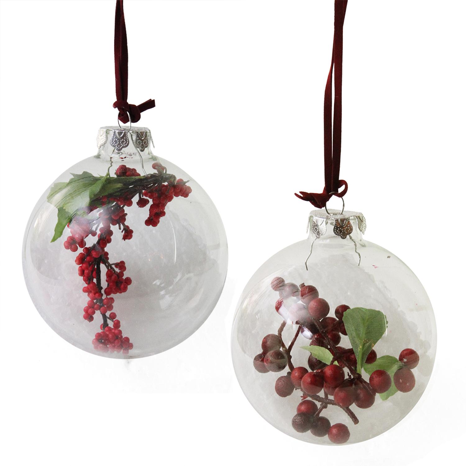 Set of 2 Clear Glass Christmas Ball Ornaments with Red and Burgundy