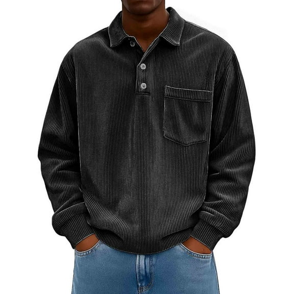 Fznquz Winter Golf Polo Pullover Black Shirts Collar Casual Button Long Sleeve Men Fashion