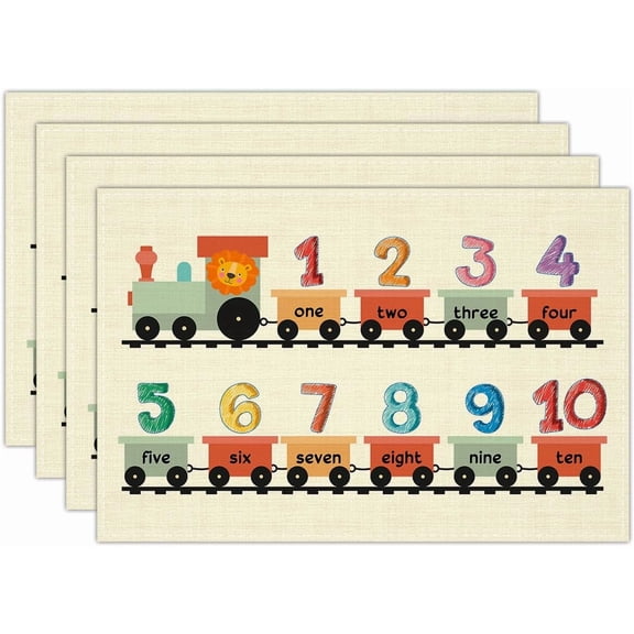 Train Linen Placemats Set of 4, Lion Waterproof Washable Place Mats for Toddlers and Kids 12x18 Inch, Baby Table Mat for Restaurant Outdoor Indoor Party Kitchen Dining Decoration