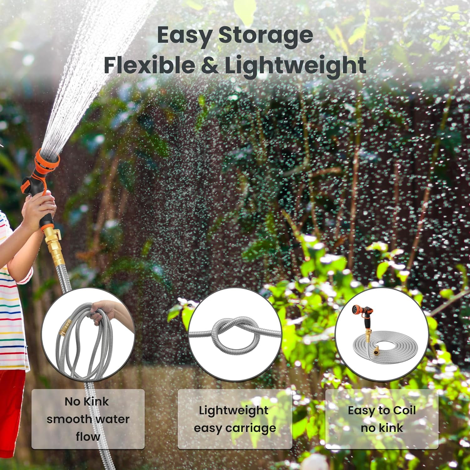 Garden Hose 50ft x 5/8", 304 Stainless Steel Metal Water Hose, No Kink Garden Water Hose with 9 Pattern Spray Nozzle, Flexible, Lightweight, Kink Free Hose for Yard, Outdoor