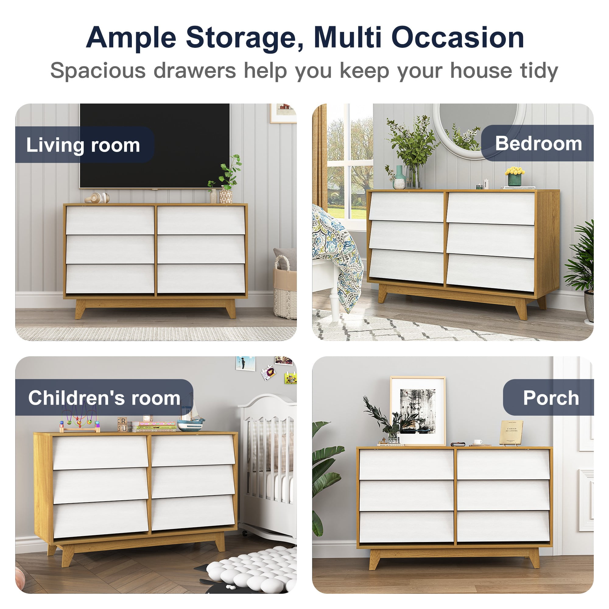 Finihen 6 Drawer Double Dresser Features Vintage-style and Bevel Design, Dresser For Nursery, Kids, Chest Of Drawers, White+Beige Finihen 6 Drawer Double Dresser Features Vintage-style and Bevel Design, Dresser For Nursery, Kids, Chest Of Drawers, White+Beige