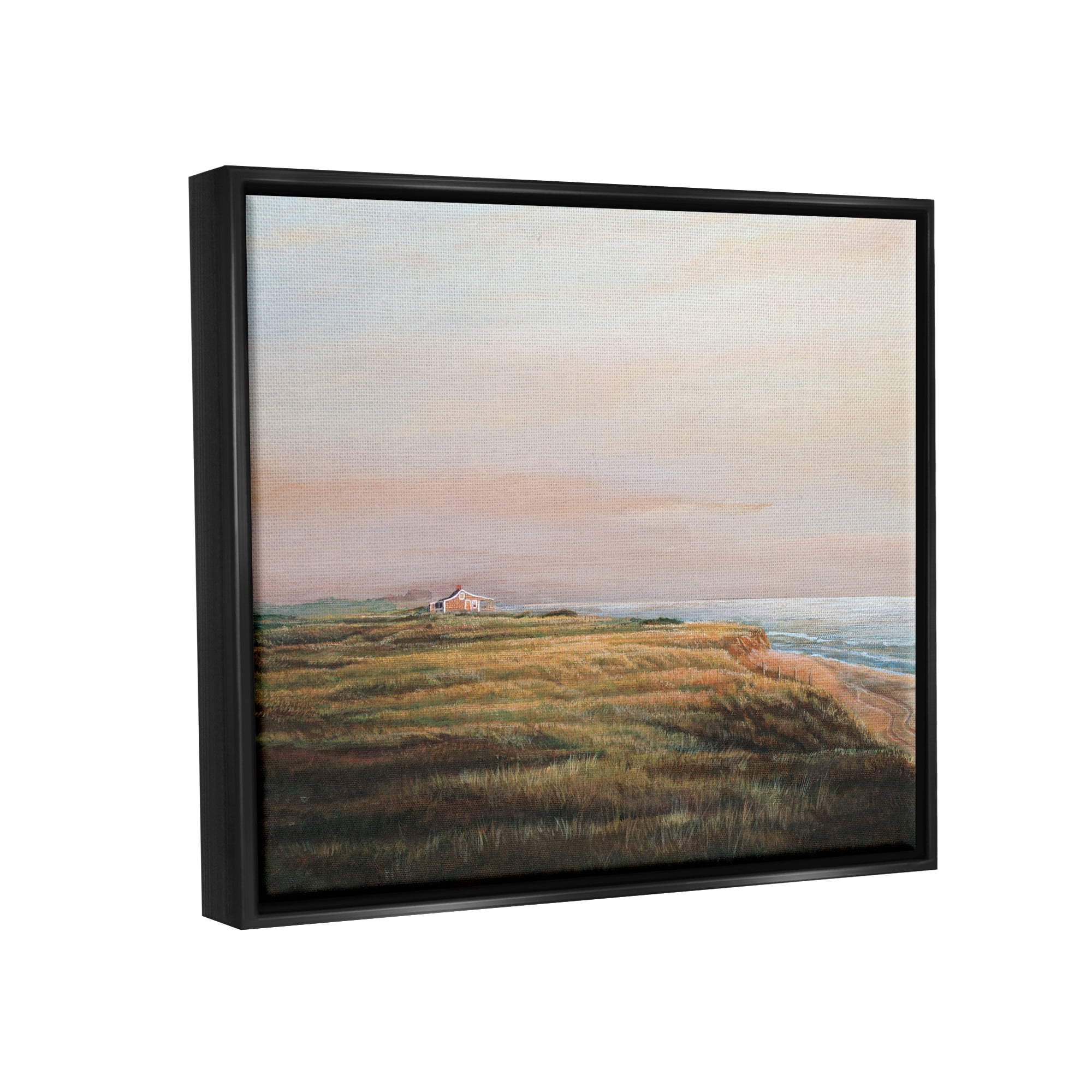 Stupell Industries Distant Seaside Cottage Rural Beach Ocean View Painting Luster Gray Floating Framed Canvas Print Wall Art, Design by Tom Mielko