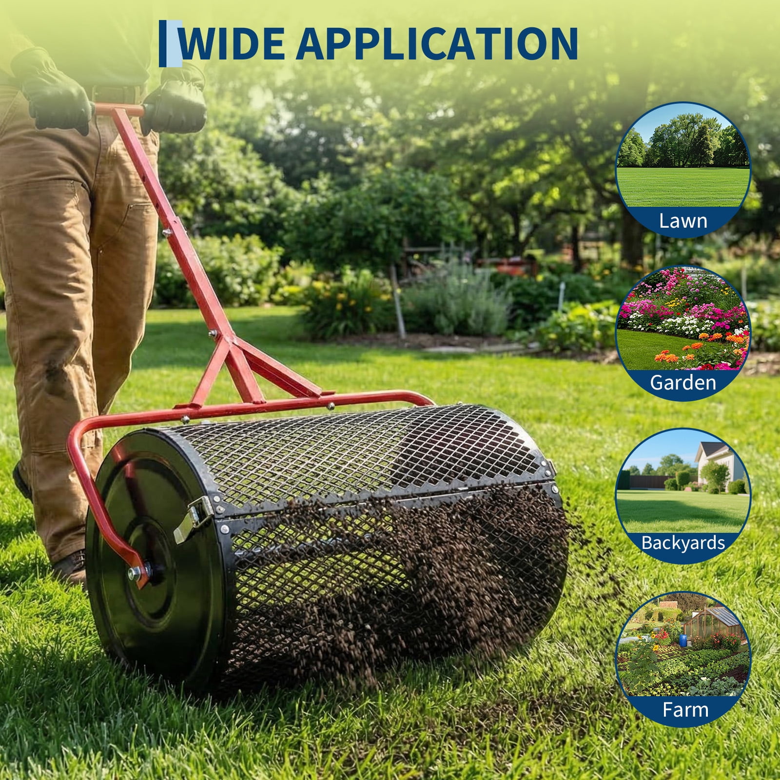Compost Spreader,24" Peat Moss Spreader with T Shaped Handle,3 Heights Adjustable,Top Soil Spreader with Side Latches,Powder-Coated Peat Moss Roller,Grass Seed Spreaders for Planting Seeding