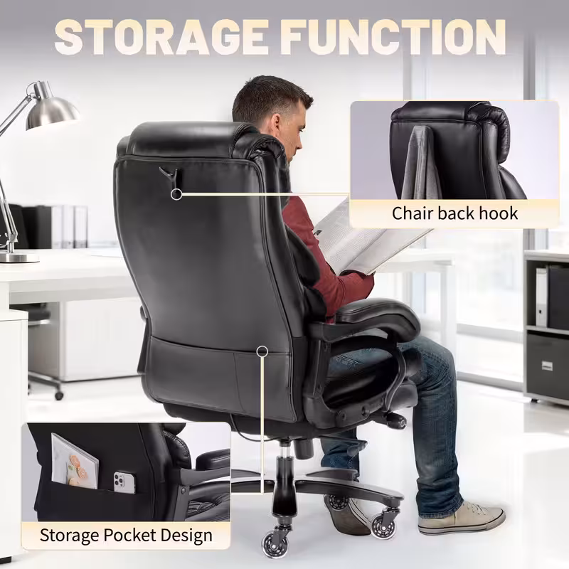 thumbnail image 3 of Qusaphy 800LBS Big and Tall Executive Office Chair, PU Leather Ergonomic Desk Chair with Adjustable Backrest and Thick Padded Cushion, Heavy Duty Chair for Home or Office Black, 3 of 8