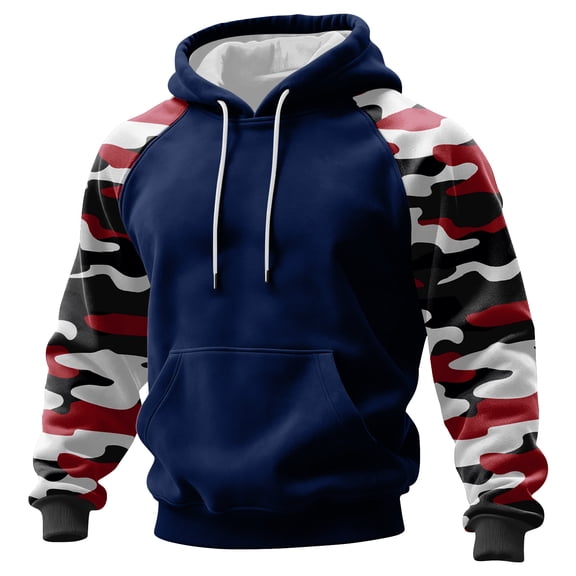 Men's Pullover Hoodie with Camouflage Print Raglan Long Sleeves Drawstring Hood and Kangaroo Pocket for Casual Wear Dark Blue L