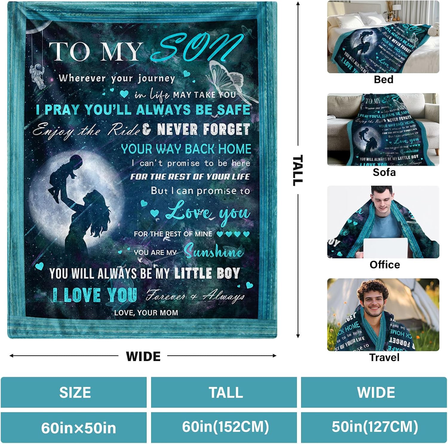 Son Gifts, Gifts for Son from Mom, Son Blanket 60"X50", Son Birthday Christmas Idea Gifts, to My Son Blanket, Gifts for Grown Son, Son from Mom, Soft Flannel Throw Blanket for Son