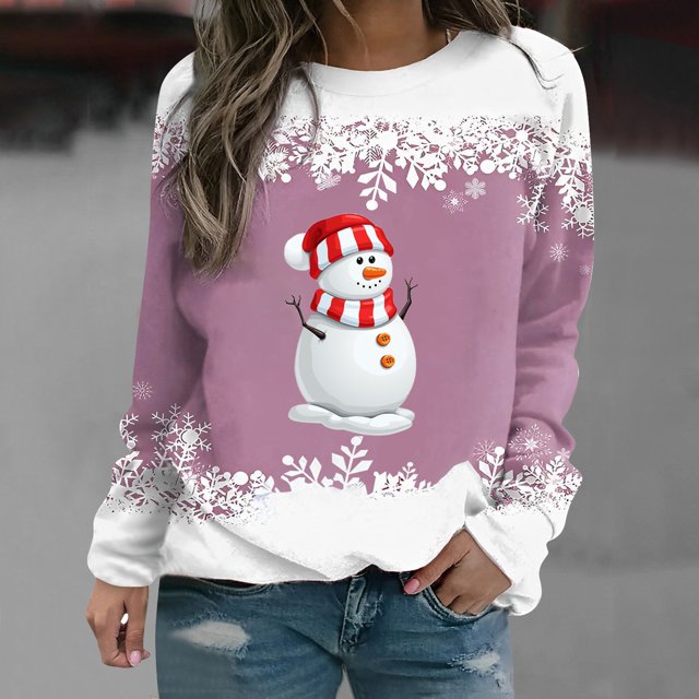 Chandails à Col Rond pour Femmes, T-shirt Ample Imprimé d'Hiver, Blouse à Manches Longues, Col Rond, Hauts Décontractés, Caractéristiques : Chandails pour Femmes en Liquidation
